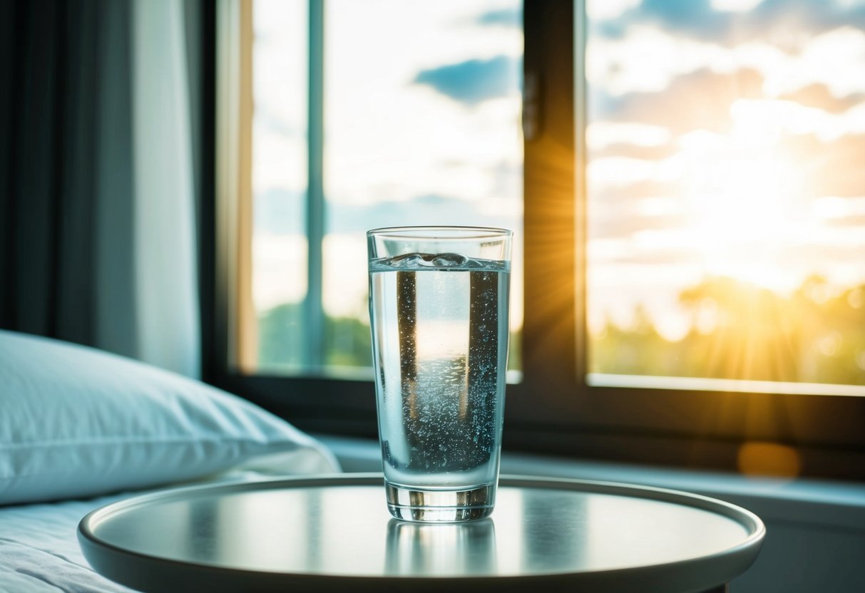 A glass of water placed on a bedside table with the morning sunlight streaming in through the window