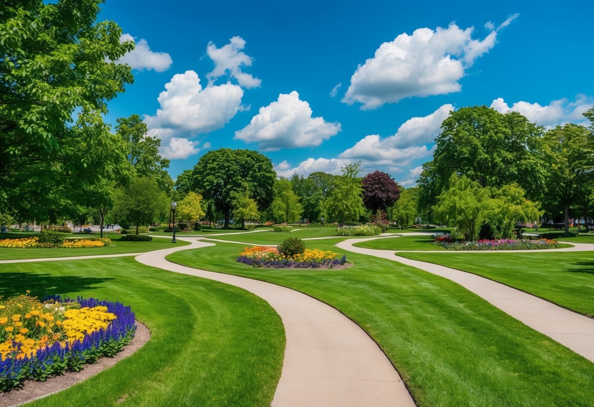 A peaceful park with winding paths, lush greenery, and colorful flowers, under a bright blue sky with fluffy white clouds