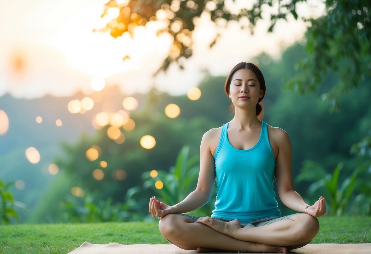 A serene scene of a person sitting in a peaceful setting, surrounded by nature, practicing deep breathing exercises