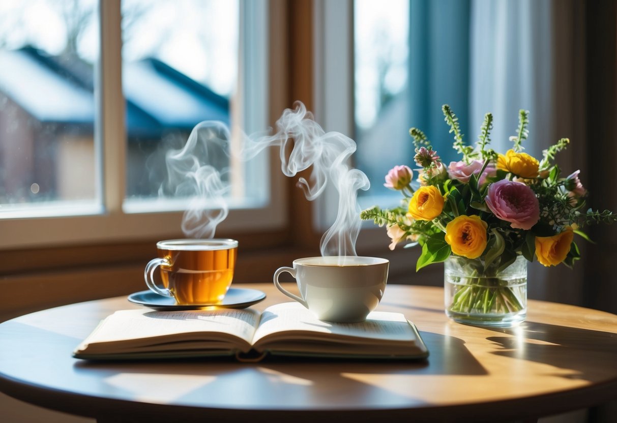 A cozy room with a sunlit window, a steaming cup of tea, a journal, and a bouquet of fresh flowers on a table