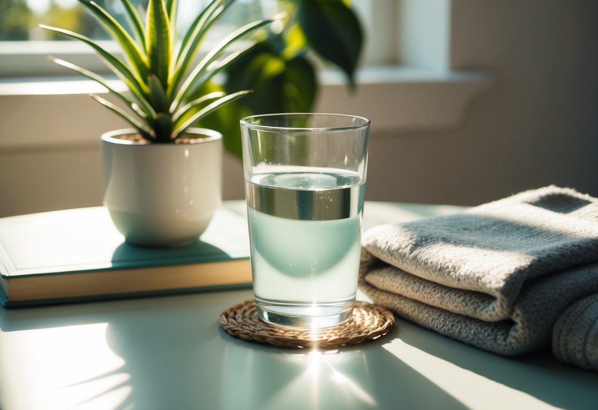 A glass of water sits on a serene, sunlit table, surrounded by a plant, book, and cozy blanket, inviting relaxation and self-care