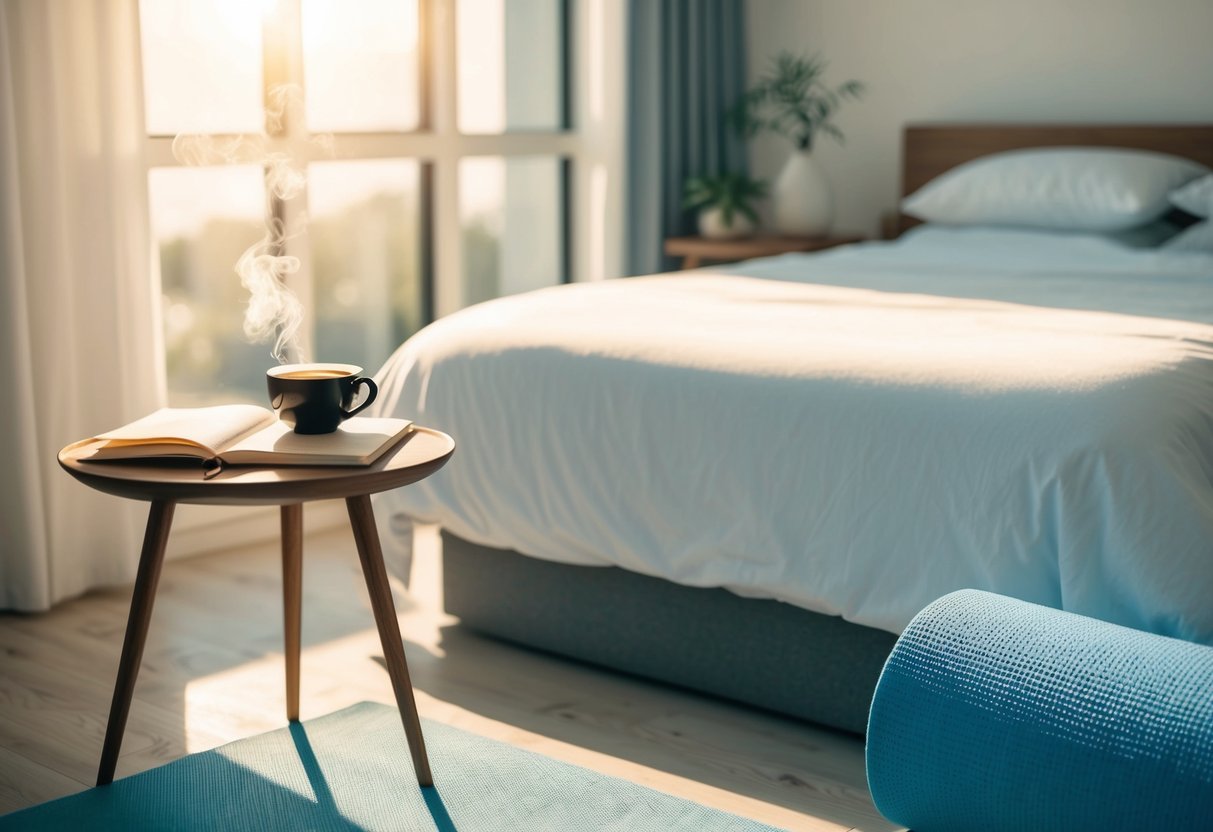 A serene, sunlit bedroom with a cozy bed, a journal and pen on a bedside table, a steaming cup of tea, and a yoga mat laid out on the floor