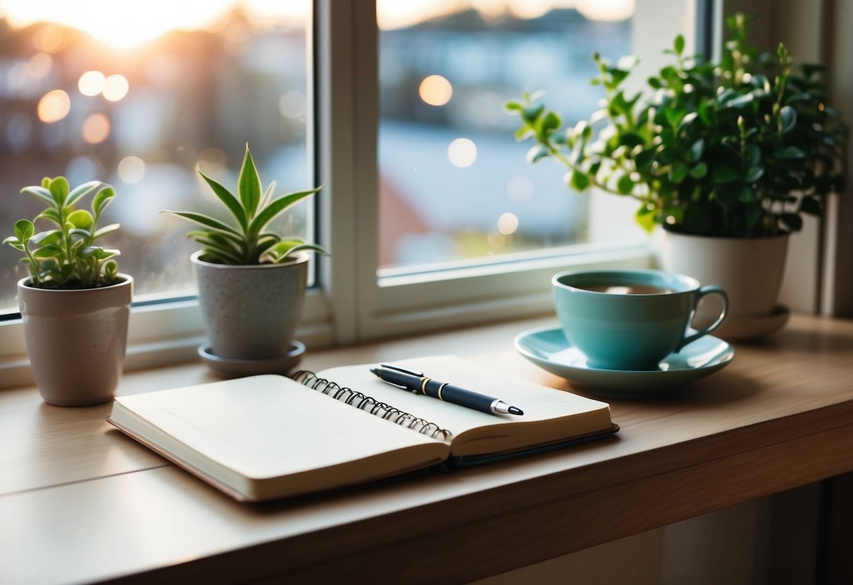 A serene morning scene with a journal, pen, cup of tea, and plants on a cozy table by a window