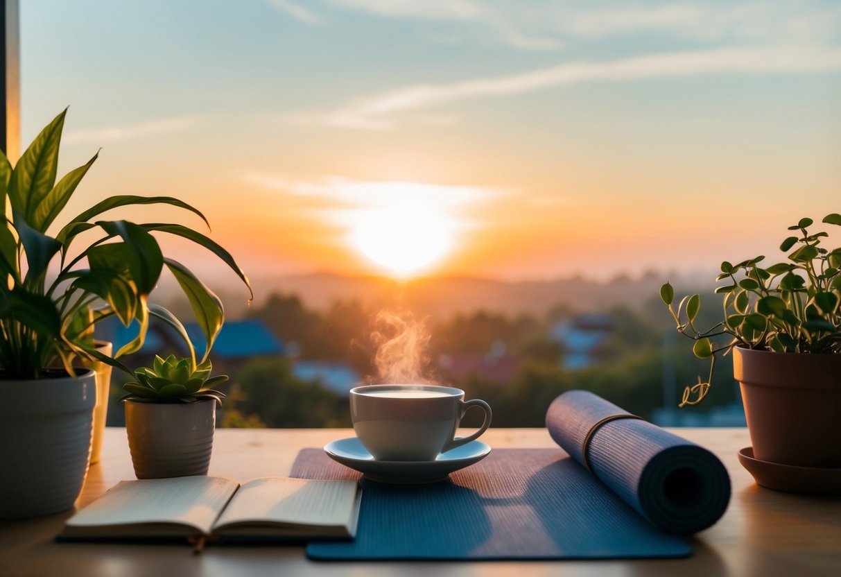 A serene morning scene with a sunrise, a cup of tea, a journal, yoga mat, and plants, creating a peaceful atmosphere for self-care