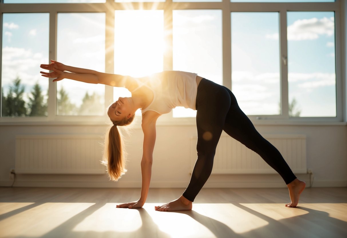 A person standing in a sunlit room, stretching their arms above their head and bending forward to touch their toes, with a serene and relaxed expression on their face