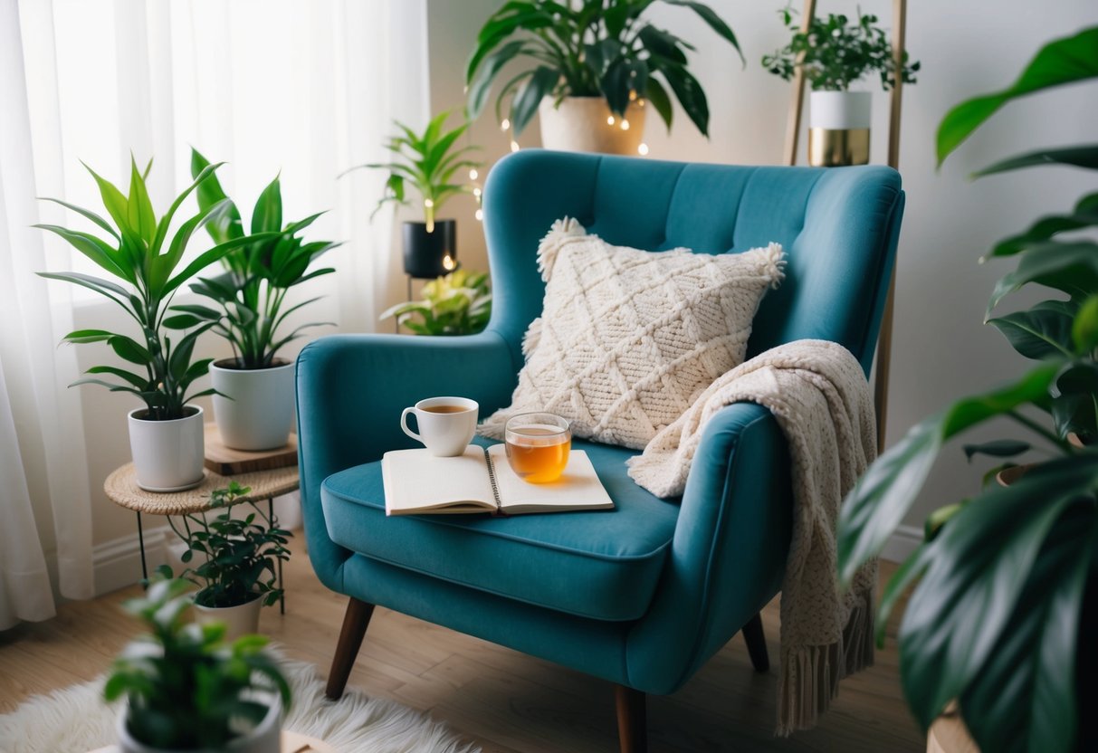 A cozy armchair surrounded by plants and soft lighting, with a journal, tea, and a plush blanket, creates a peaceful "me time" space