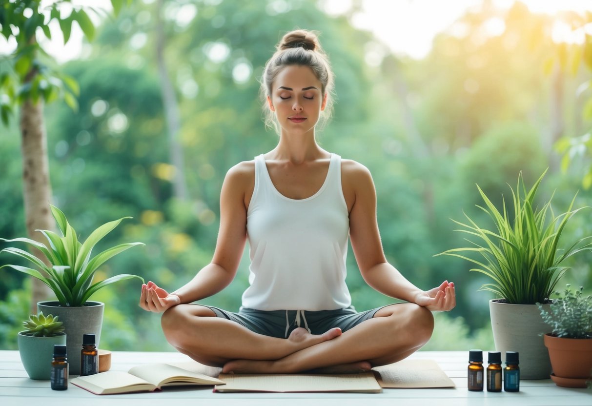 A serene natural setting with a person meditating, surrounded by elements of self-care such as plants, a journal, and calming essential oils