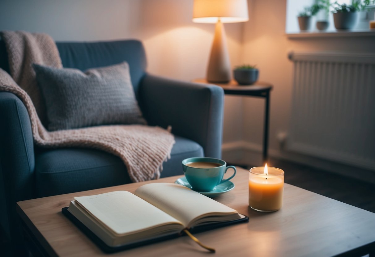 A cozy living room with soft lighting, a comfortable chair, a warm blanket, a cup of herbal tea, a journal, and a scented candle