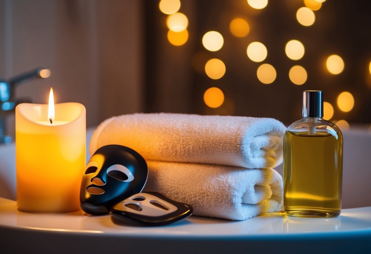 A cozy bathroom with a warm, glowing candle, a fluffy towel, a bathrobe, a bottle of luxurious bath oil, and a soothing face mask laid out for a relaxing spa night