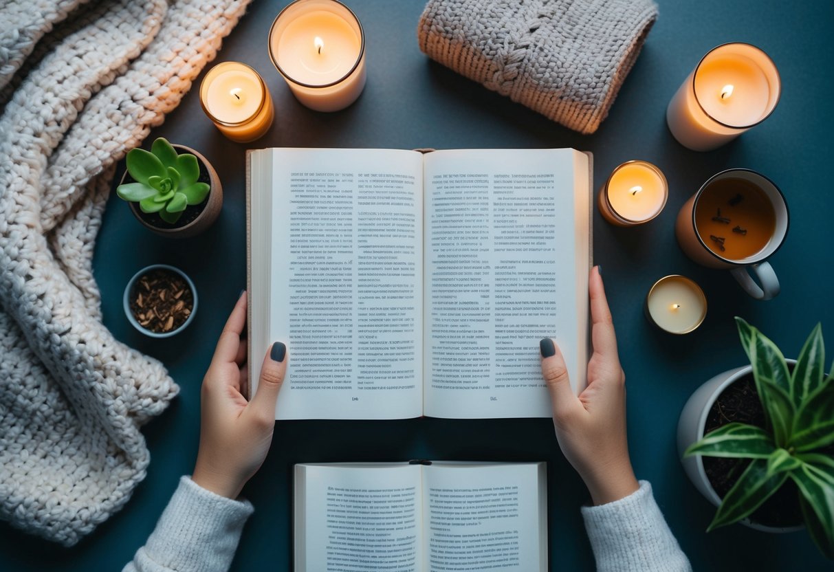 An open book surrounded by various self-care items such as candles, a cozy blanket, a cup of tea, and a potted plant, creating a relaxing atmosphere