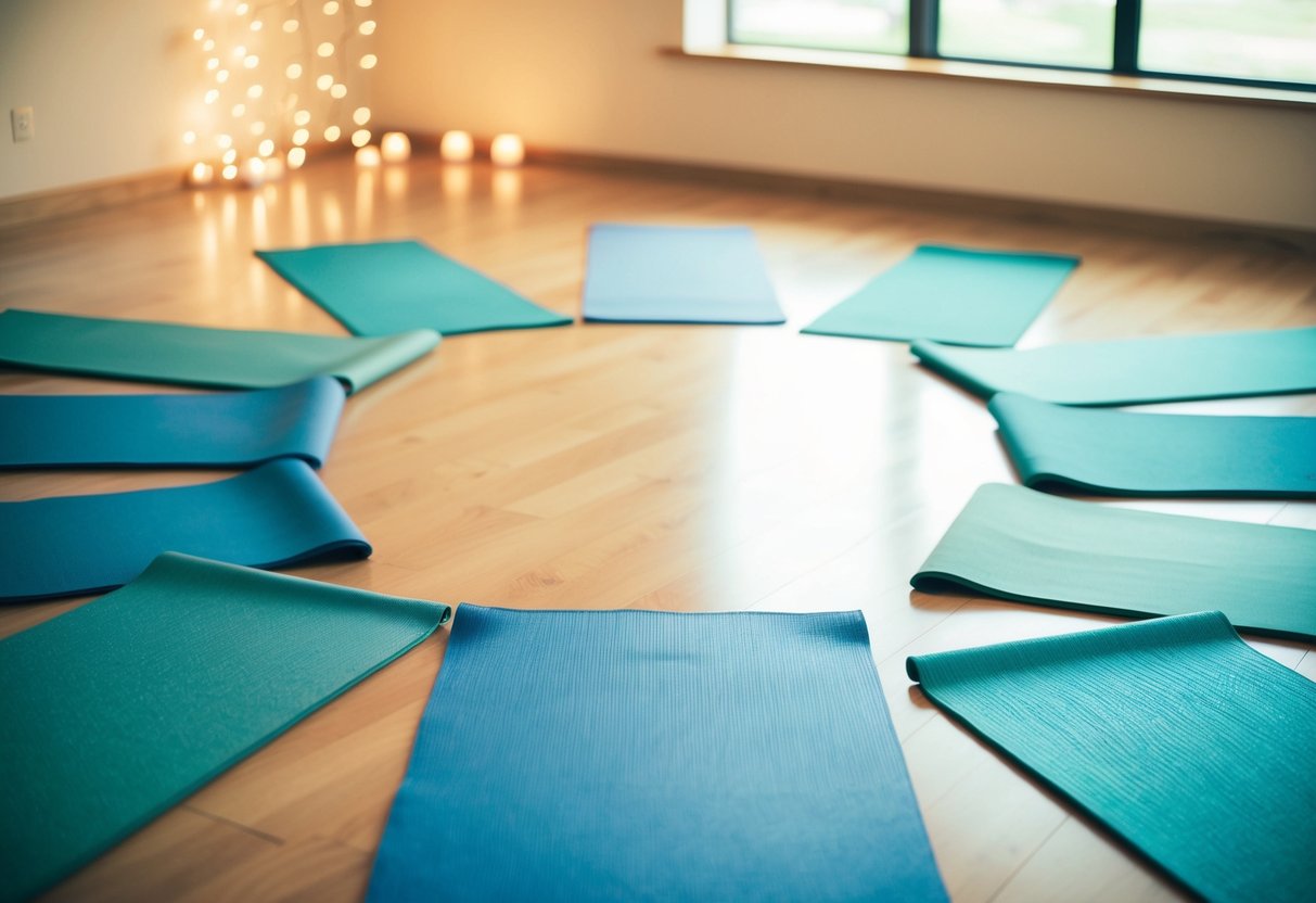 A serene yoga class setting with mats arranged in a circle, soft lighting, and a tranquil ambiance