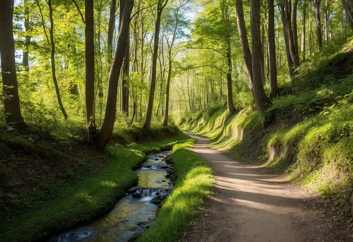 A winding forest trail with sunlight filtering through the trees, birdsong in the air, and a small stream trickling alongside the path