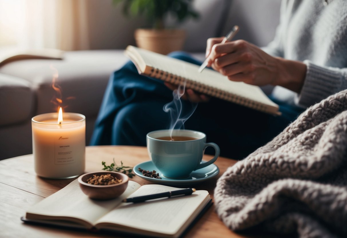 A cozy living room with soft lighting, a warm blanket, a cup of herbal tea, a journal, and a scented candle. A soothing playlist plays in the background as the parent practices self-care