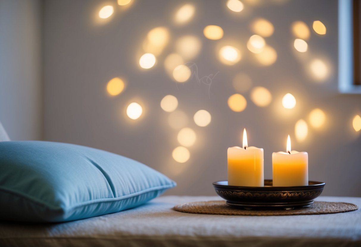 A serene room with soft lighting, a comfortable cushion, and a small altar with candles and incense