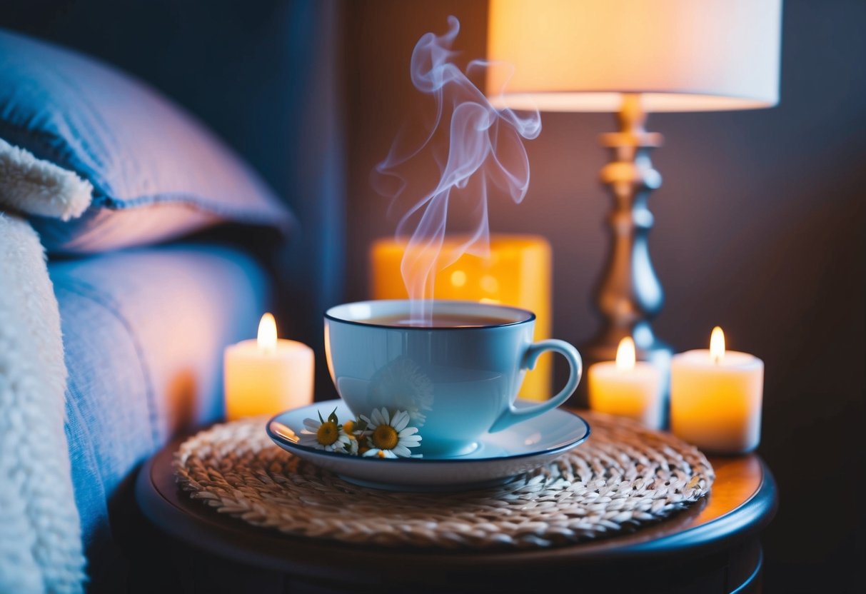 A steaming cup of chamomile tea sits on a cozy nightstand, surrounded by soft candlelight and a plush blanket