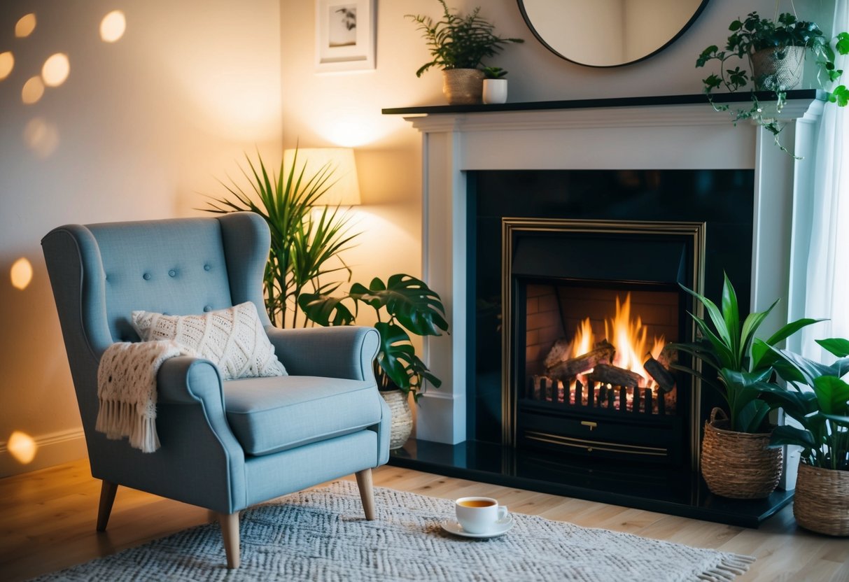 A cozy living room with soft lighting, a crackling fireplace, and a comfortable armchair surrounded by plants and a warm cup of tea