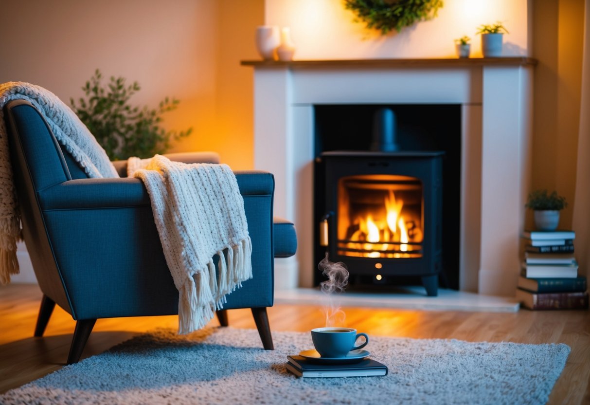 A cozy living room with a warm, glowing fireplace and soft lighting. A comfortable armchair with a plush blanket draped over it, a steaming cup of tea on a side table, and a stack of books nearby