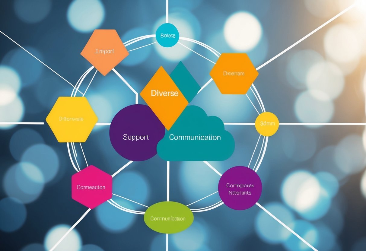 A group of diverse and interconnected shapes form a network, with lines connecting them to represent support and communication