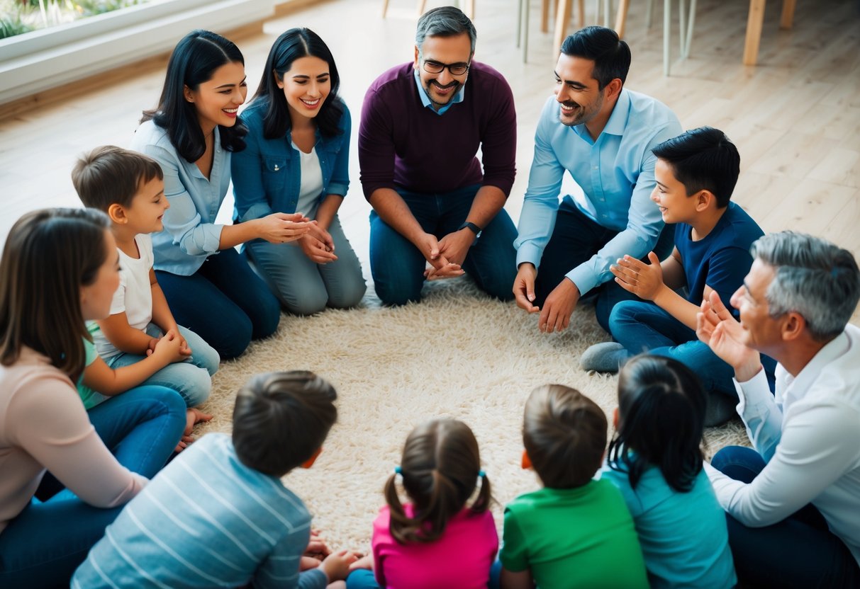 A group of parents gather in a circle, chatting and laughing while their children play nearby. A sense of community and support is evident in their interactions