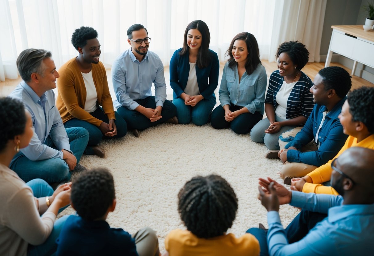 A group of diverse parents gather in a circle, sharing experiences and advice. A facilitator leads a discussion on building a support network