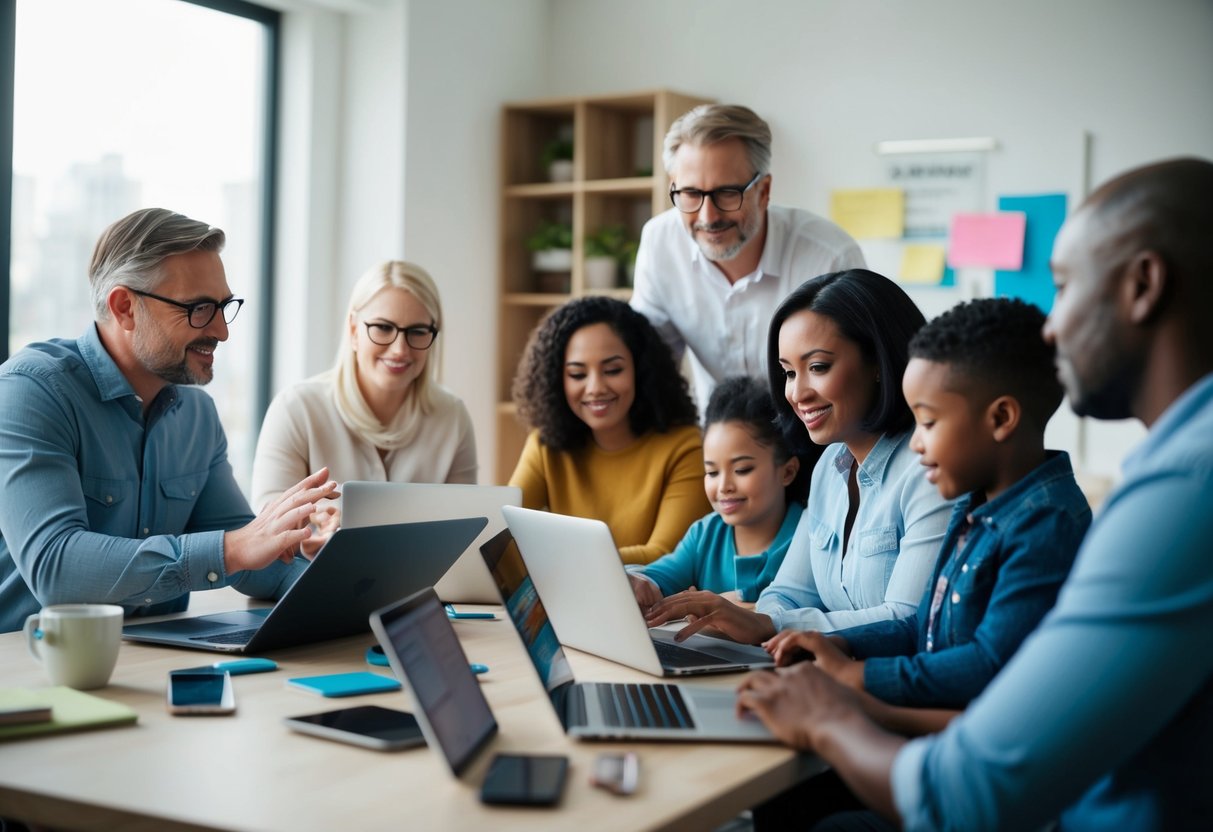 A diverse group of parents engage in online discussions, sharing advice and support. They connect through various devices in a virtual network