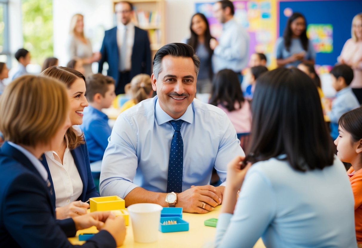 A parent attending a school event, surrounded by other parents and teachers, engaging in conversation and building connections