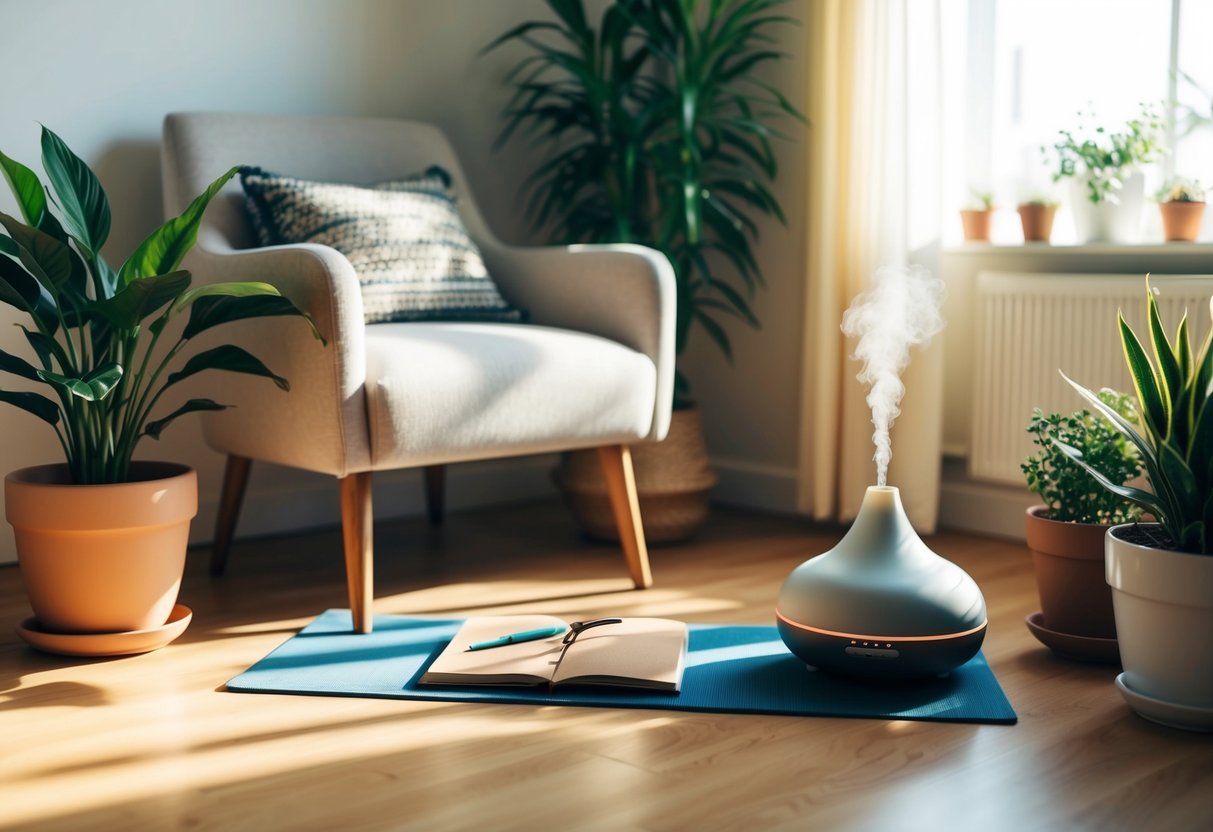 A serene, sunlit room with a cozy armchair, potted plants, a yoga mat, a journal, and a soothing essential oil diffuser