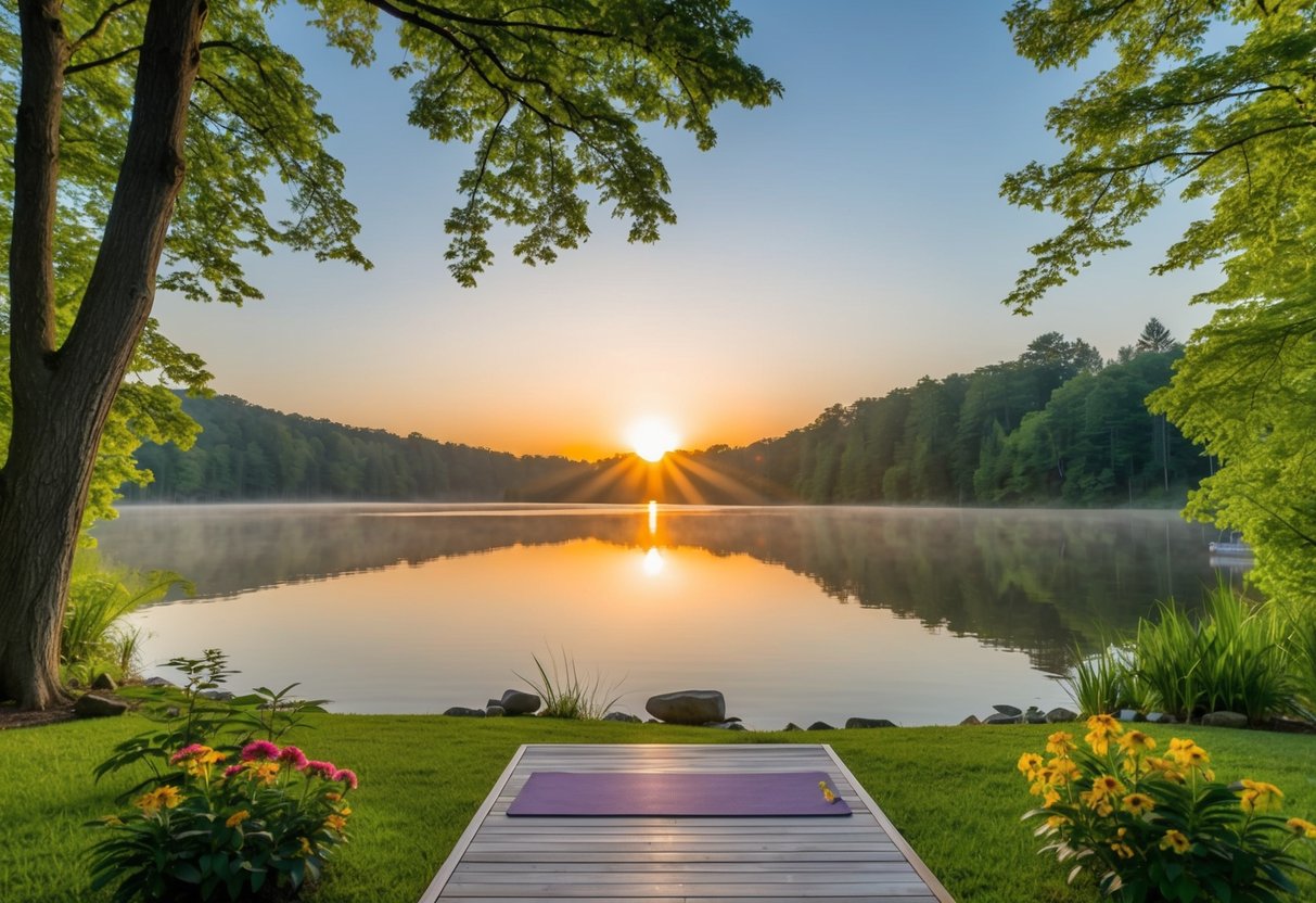 A serene sunrise over a calm lake, surrounded by lush green trees and colorful flowers, with a small dock and a yoga mat laid out for morning meditation