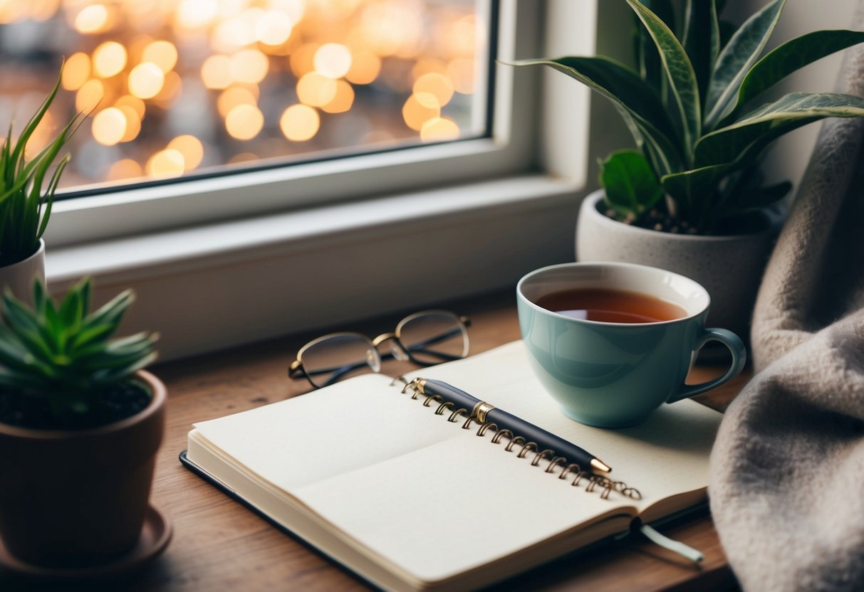 A cozy corner with a journal, pen, plants, and calming decor. A warm cup of tea and a soft blanket add to the inviting atmosphere