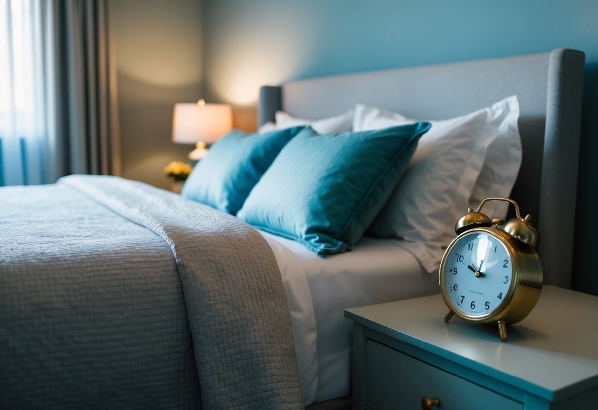 A serene bedroom with dimmed lights, a cozy bed, and a calming color scheme. A clock on the nightstand shows a reasonable bedtime