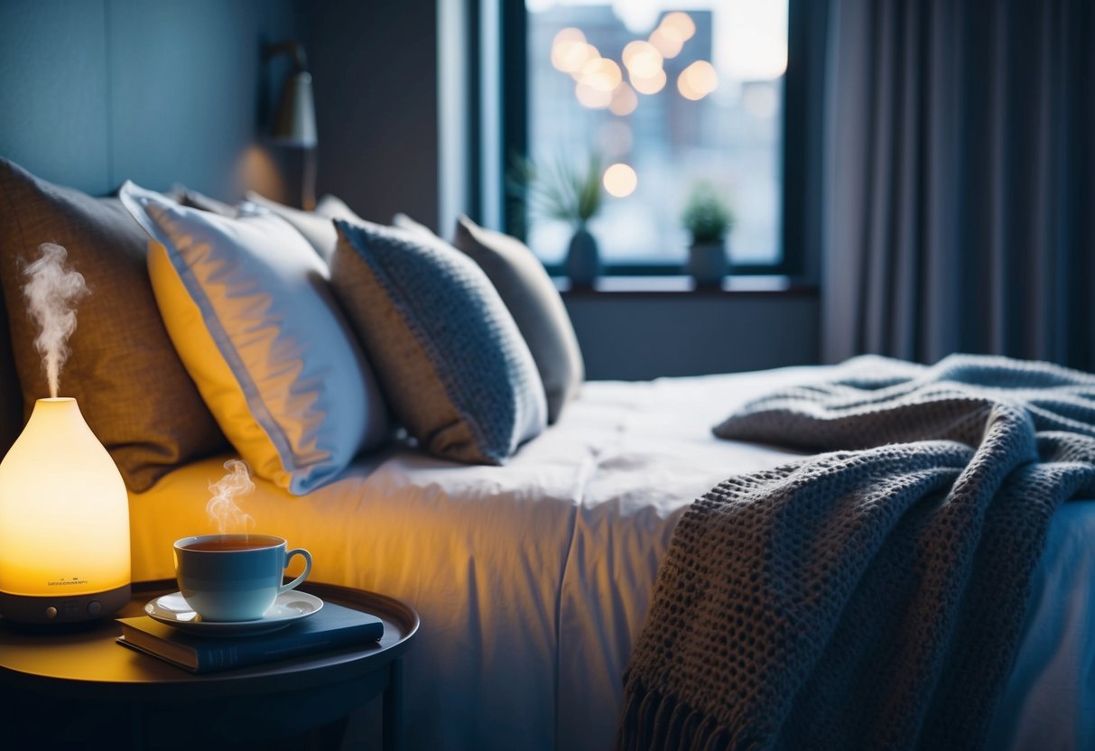 A dimly lit bedroom with a cozy bed adorned with soft blankets and pillows. A warm cup of herbal tea sits on a bedside table next to a book and a soothing essential oil diffuser fills the room with a calming scent