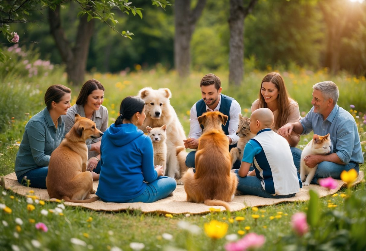 A group of diverse animals gather in a circle, sharing parenting tips and support. They sit in a peaceful, natural setting, surrounded by trees and flowers