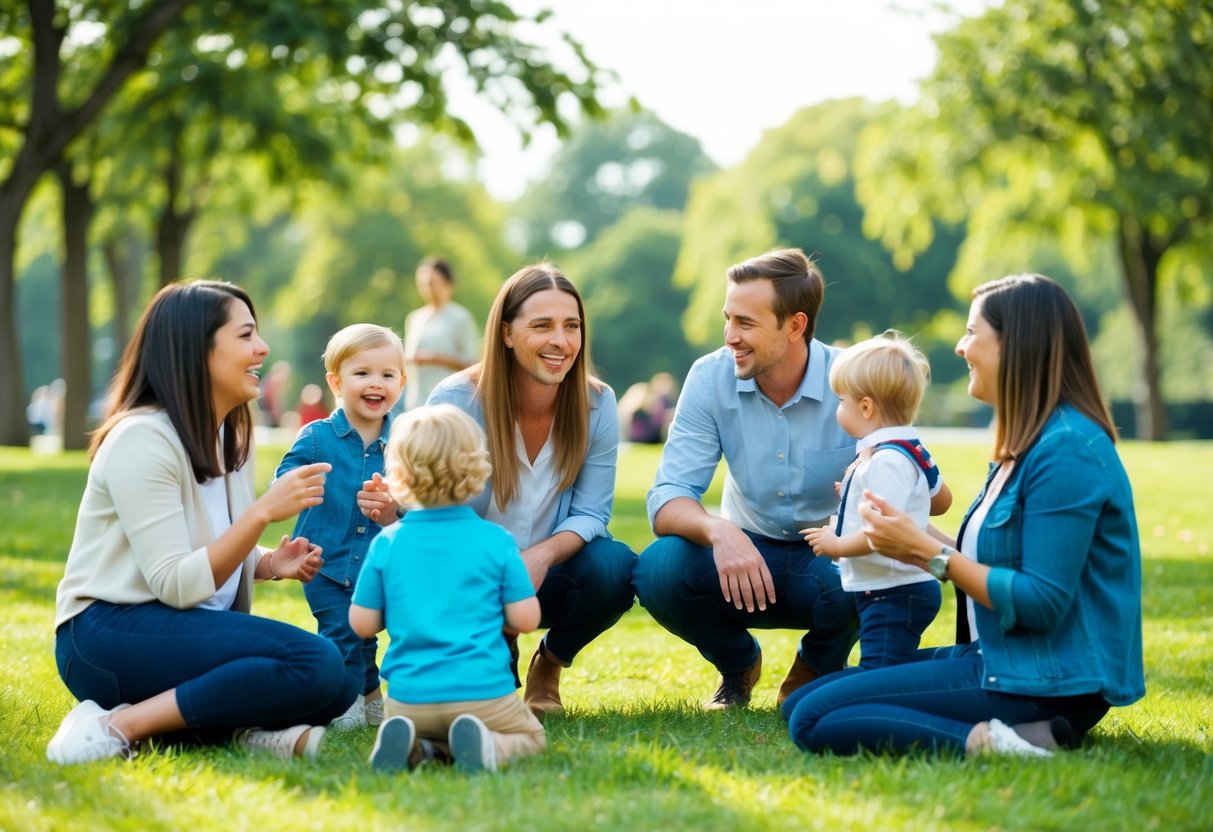 A group of parents and children gather in a park, chatting and playing together. Laughter and conversation fill the air as they form connections and support each other in their parenting journey