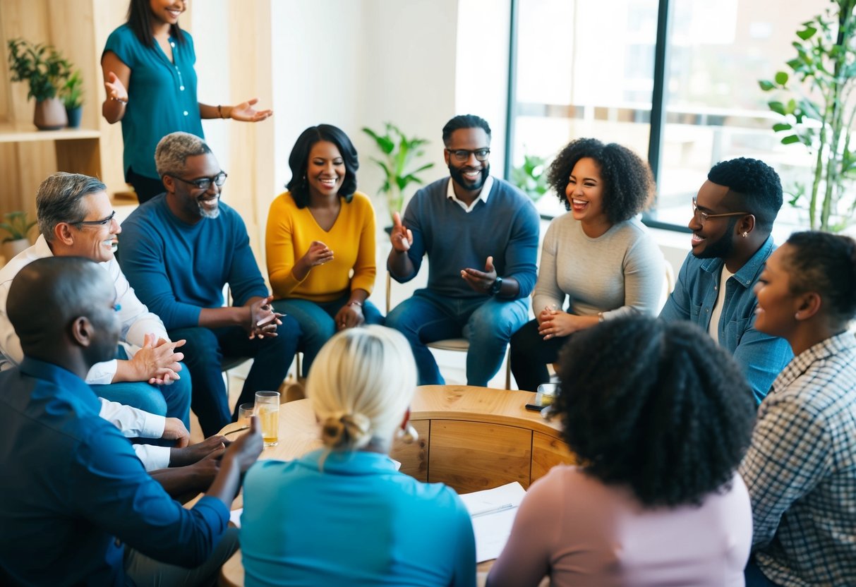 A group of diverse adults gather in a circle, engaging in lively discussion and sharing experiences at a parenting workshop