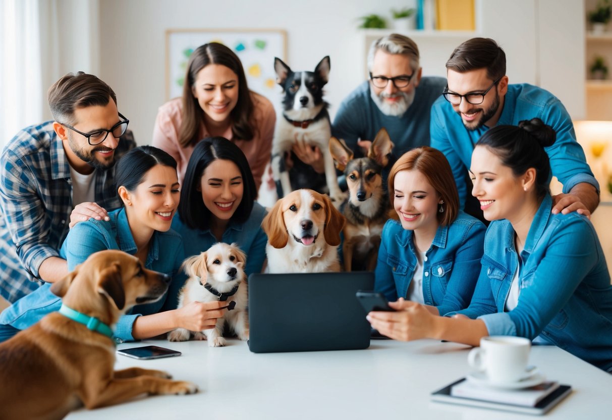 A diverse group of animal parents gather around a digital device, engaging in lively discussions and sharing advice in an online parenting forum