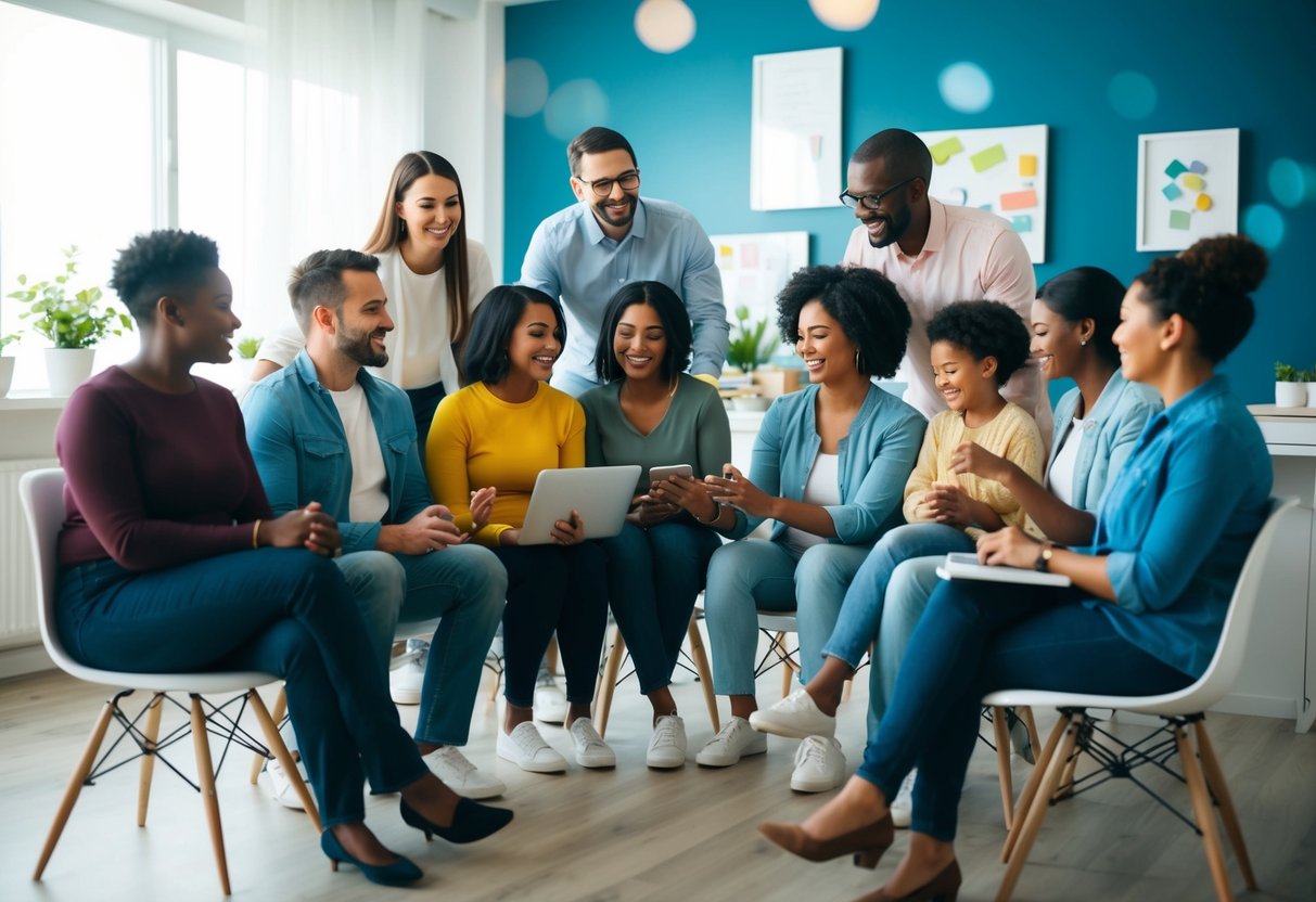 A diverse group of parents gather in a virtual space, sharing advice and support while connecting through social media platforms