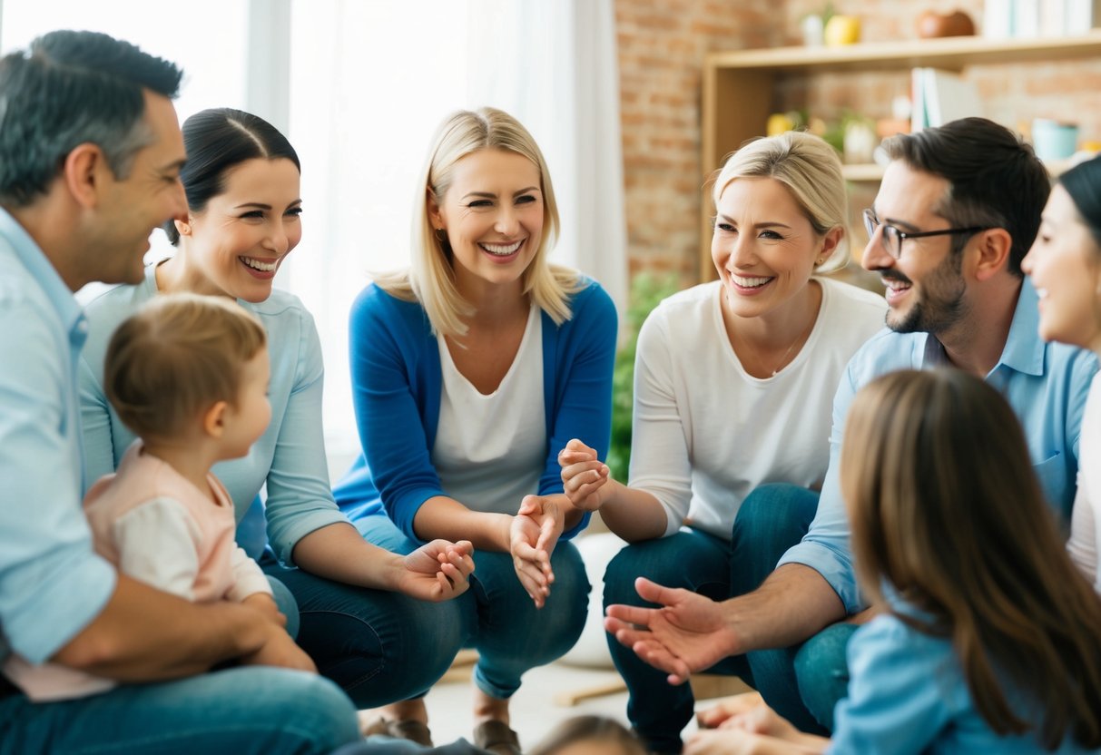 A group of parents gathered in a circle, engaged in conversation and sharing tips with each other. Laughter and smiles fill the air as they bond over their shared experiences