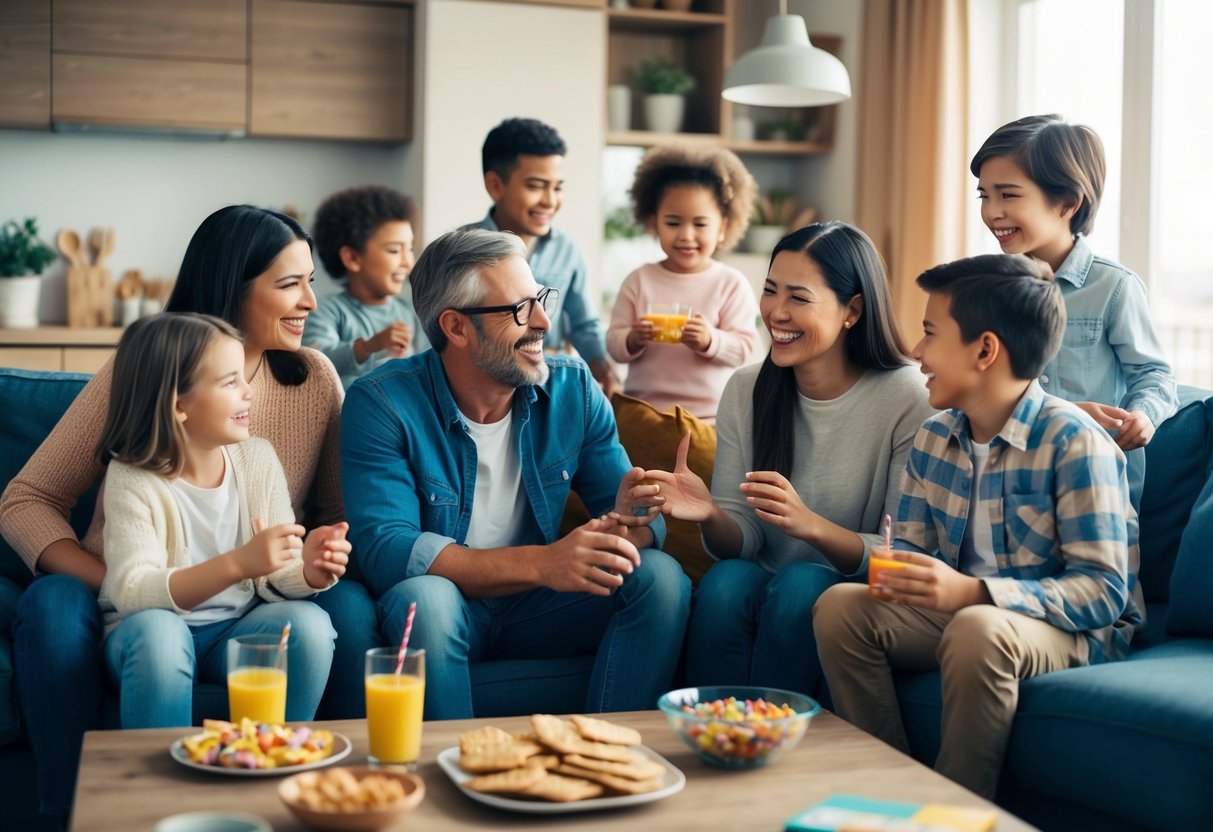 A group of parents gather in a cozy living room, chatting and laughing while their children play together in the background. Snacks and drinks are set out on a table, creating a warm and inviting atmosphere