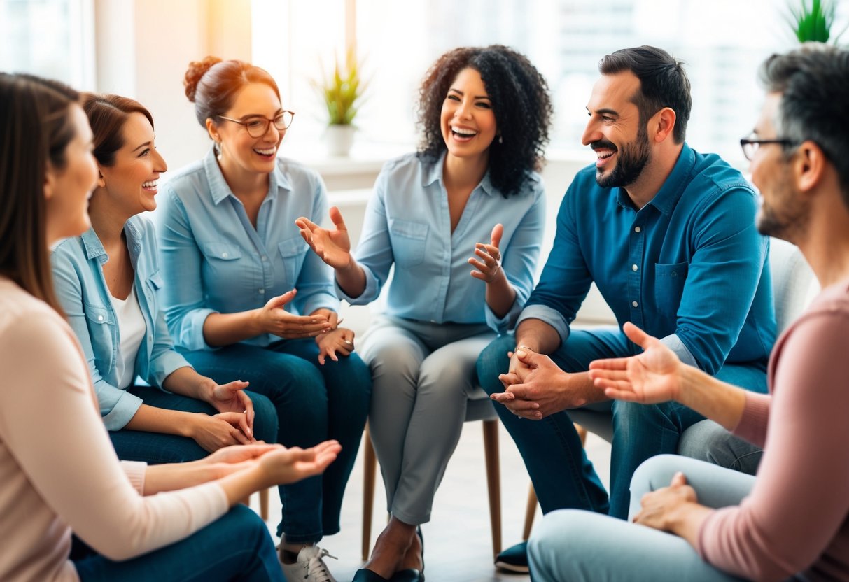 A group of parents sitting in a circle, engaged in conversation and sharing parenting tips. Laughter and friendly gestures indicate a positive and supportive atmosphere