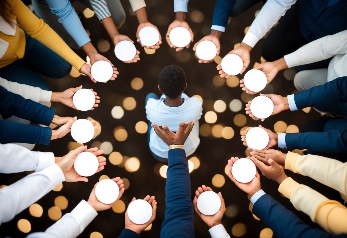 A parent surrounded by a circle of supportive figures, symbolizing emotional and practical help