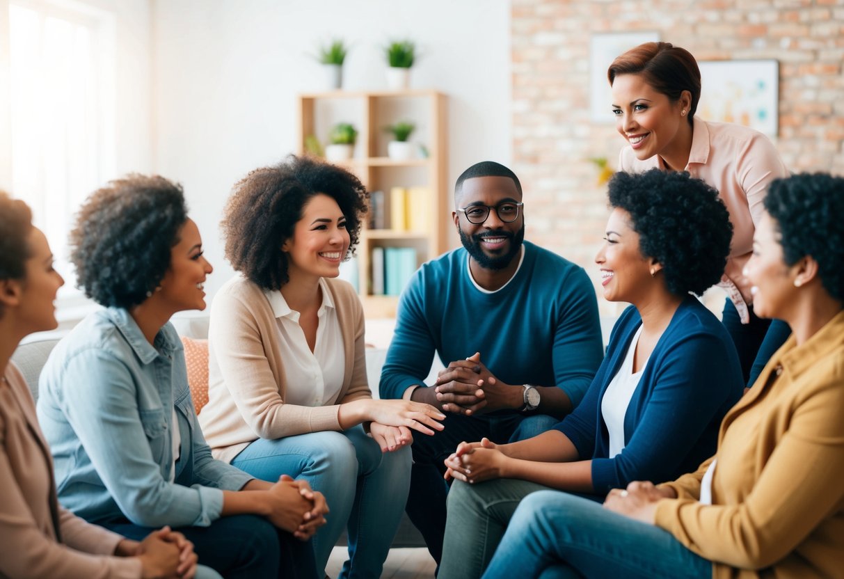 A group of diverse parents engaging in conversation, sharing experiences, and offering support to one another in a warm and welcoming environment