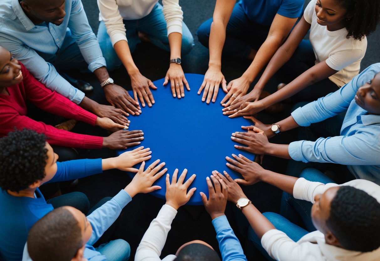 A parent surrounded by a circle of diverse individuals, each offering a helping hand or comforting presence, creating a sense of emotional stability and support