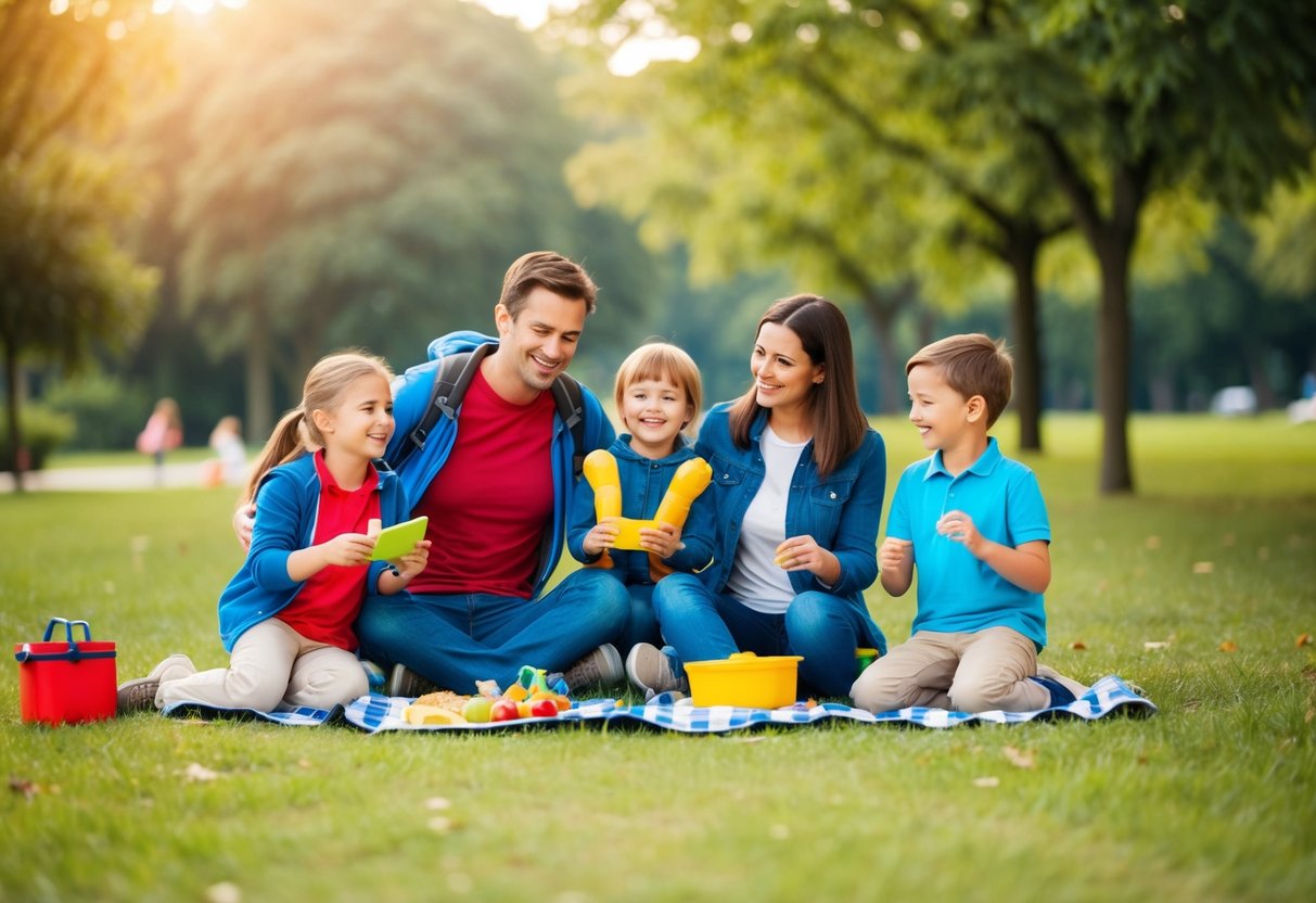 A group of parents and children enjoying various activities together, such as hiking, picnicking, and playing games in a park or outdoor setting