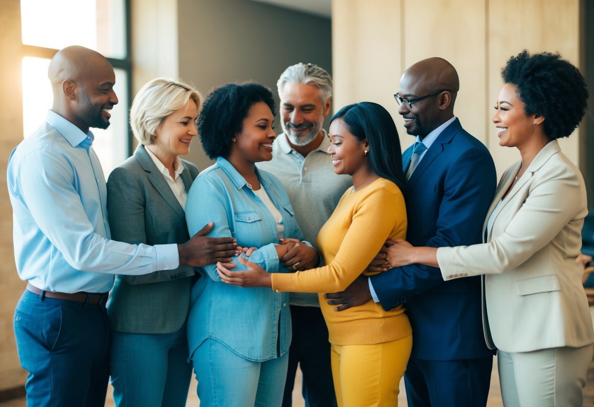 A group of diverse figures standing together, offering each other comfort and support in a warm and nurturing environment