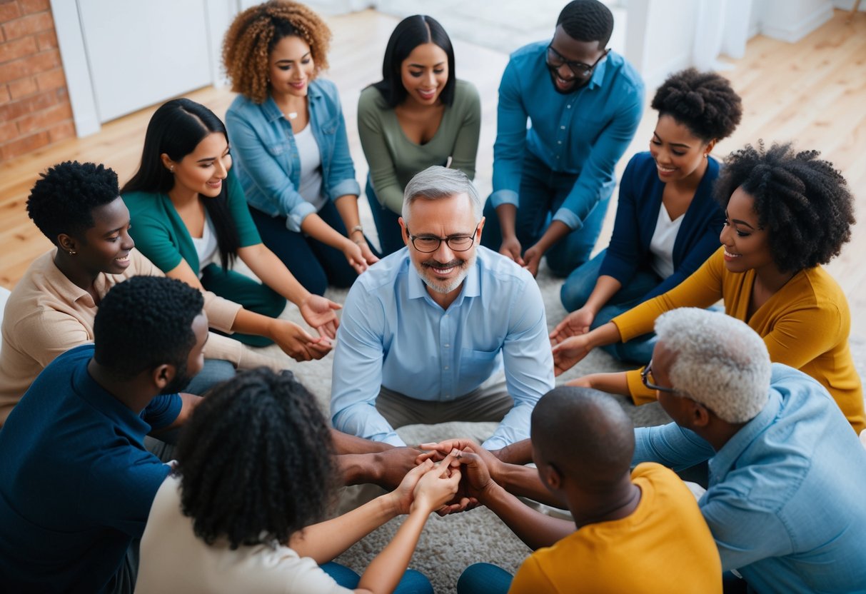 A parent surrounded by a circle of diverse individuals offering emotional and practical support