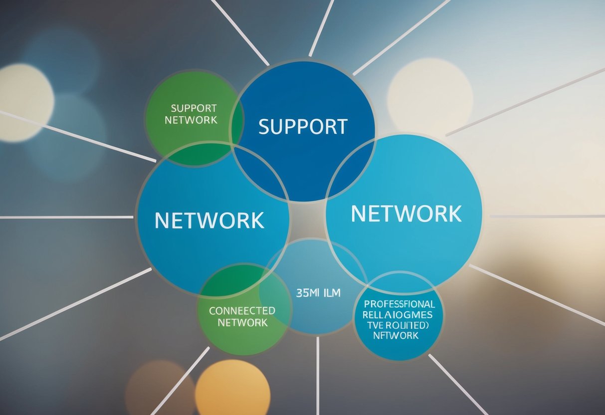 A group of interconnected circles with some larger and some smaller, representing a support network. Lines connect the circles, showing the relationships between them