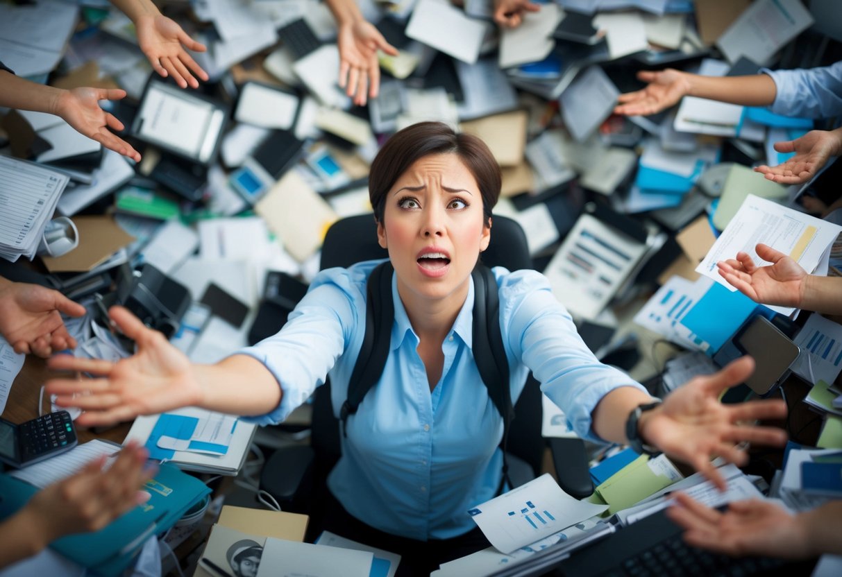 A person surrounded by a chaotic jumble of responsibilities, with arms outstretched and a look of frustration on their face