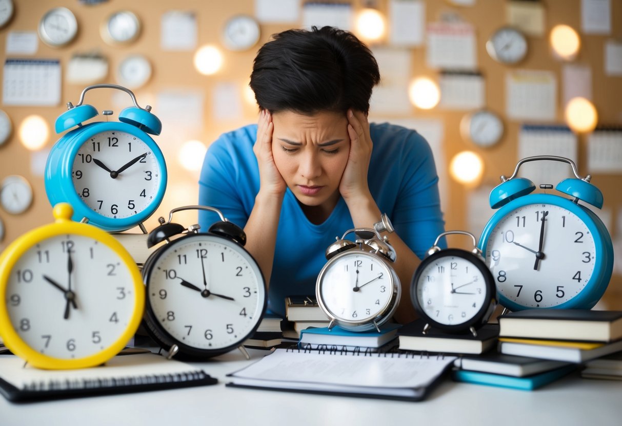 A person surrounded by a jumble of clocks and calendars, looking overwhelmed and stressed