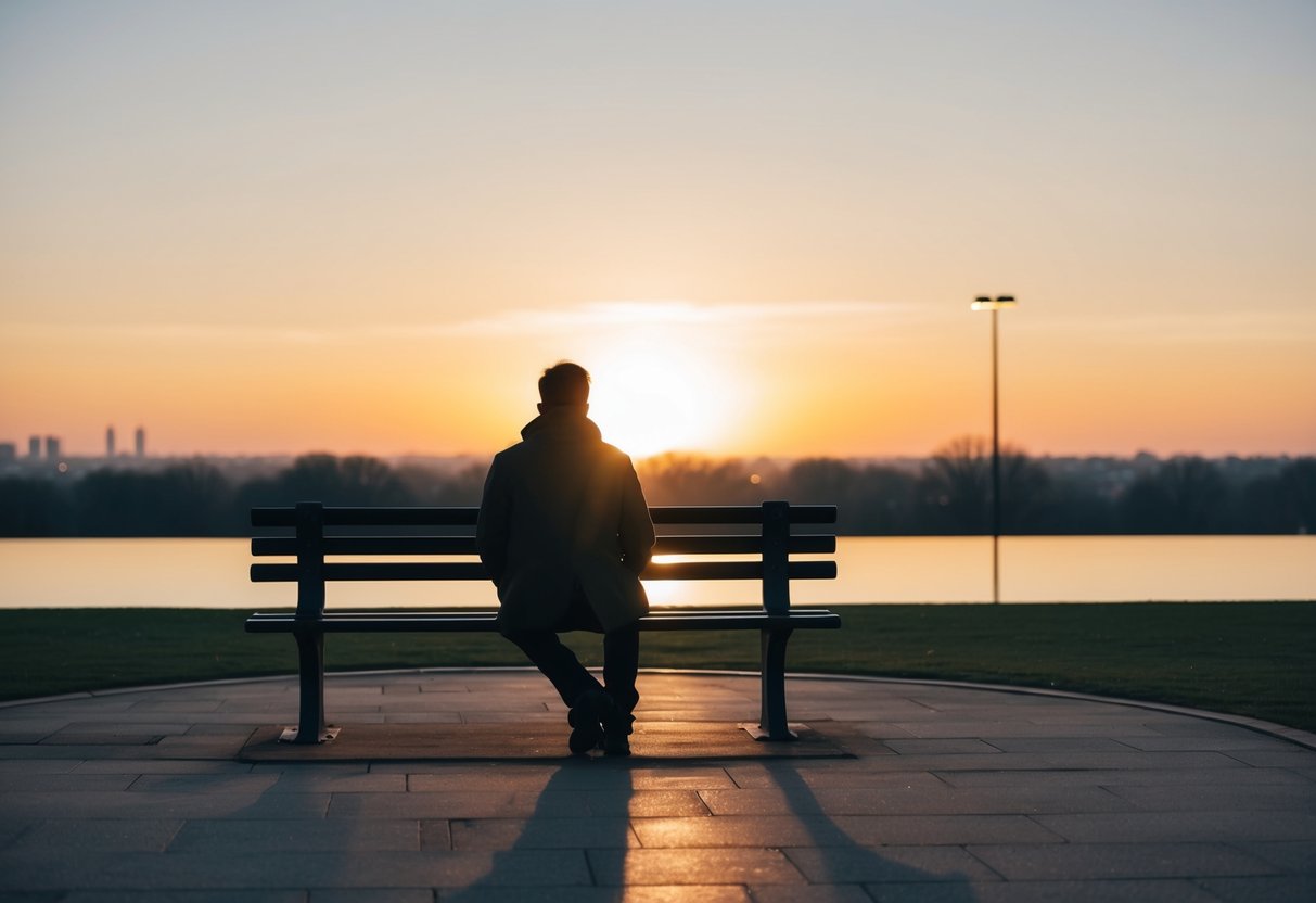 A figure sits alone on a park bench, surrounded by empty space. The sun sets in the distance, casting a solitary silhouette