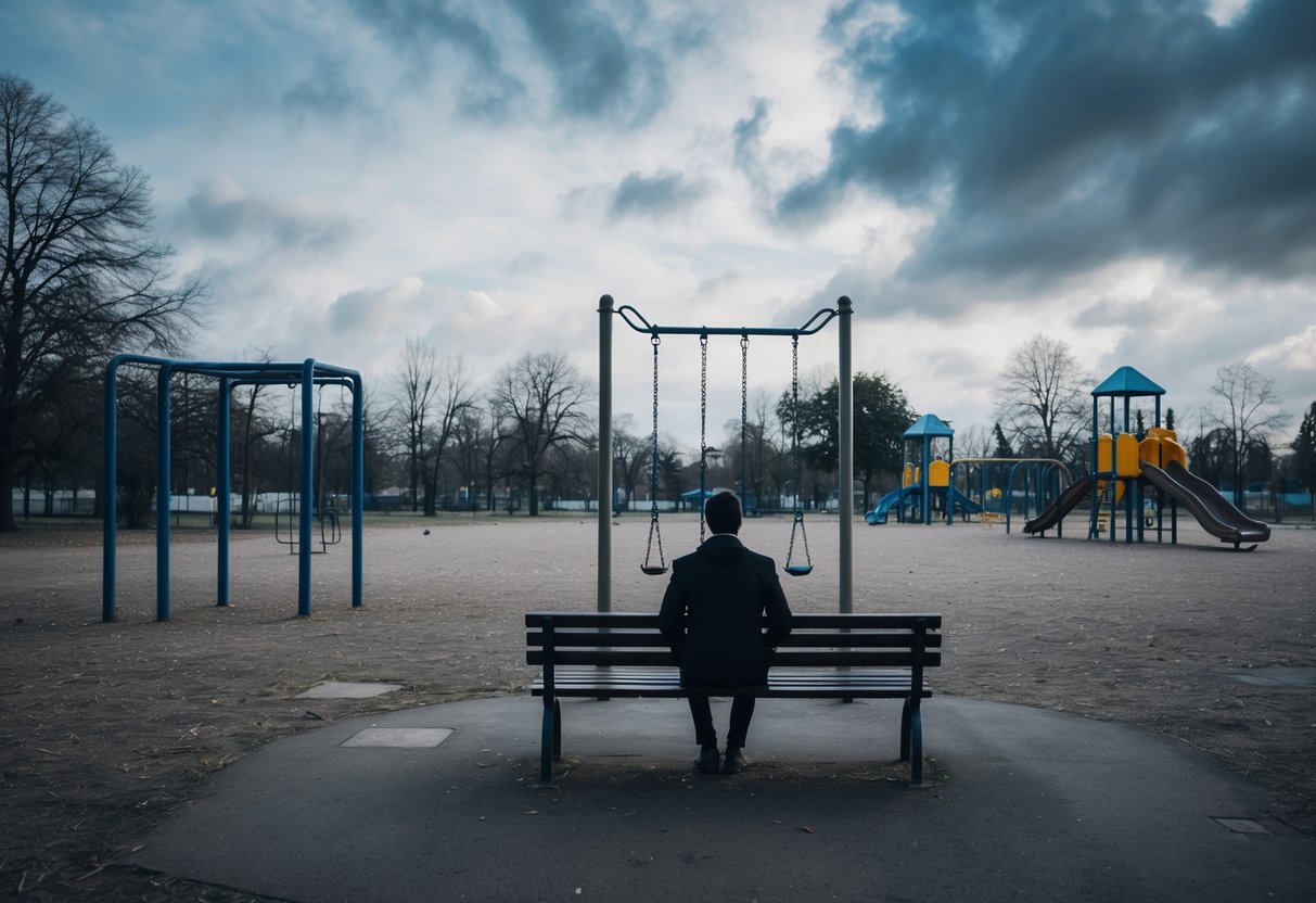 A lone figure sitting on a bench in a deserted park, surrounded by empty swings and an abandoned playground, under a cloudy sky